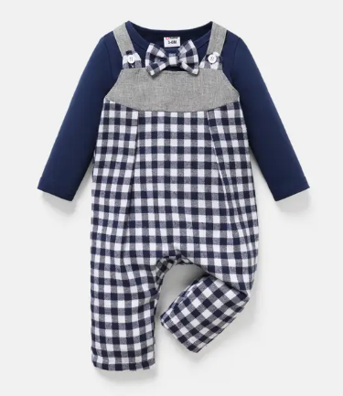 104373-Baby Boy 2pcs Bowknot Tee and Grid Print Overalls Set(25)