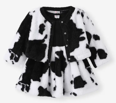 104376-Baby Girl 2pcs Cow Pattern Fleece Jacket and Dress Set(35)